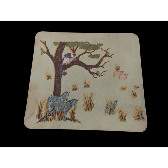 Vintage African Wildlife-Themed Table Mat With Zebras Monkeys & Pigs Design Plas - Picture 1 of 8